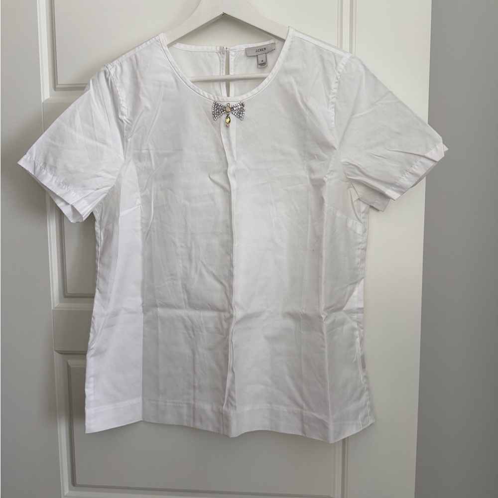 J. Crew White Short-Sleeve Blouse with Rhinestone Bow Accent